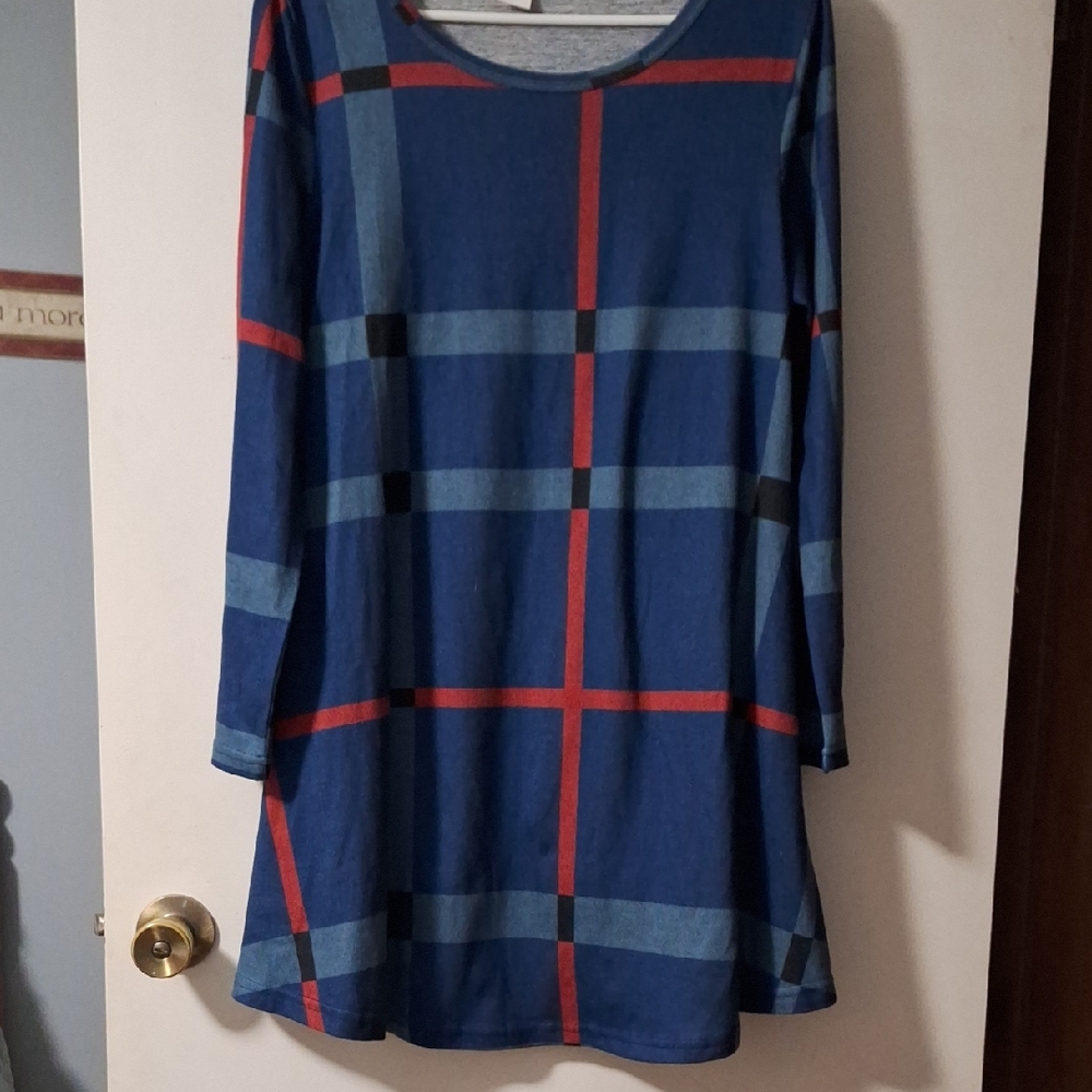 Blue and Red Plaid Long Sleeve Dress